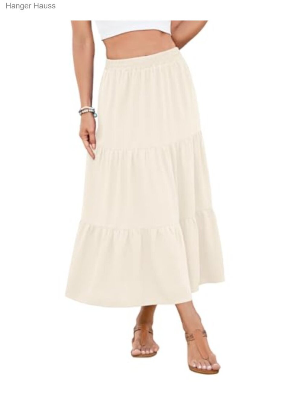 Boho Maxi Skirt with Pockets Elastic High Waist Flowy Tiered A-Line